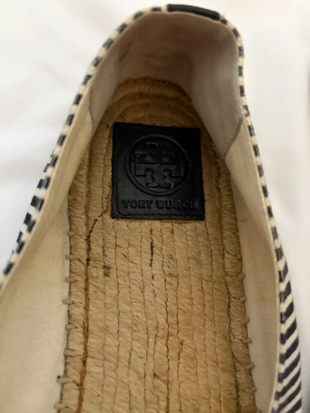 Tory Burch navy / white stripe espadrilles with gold logo